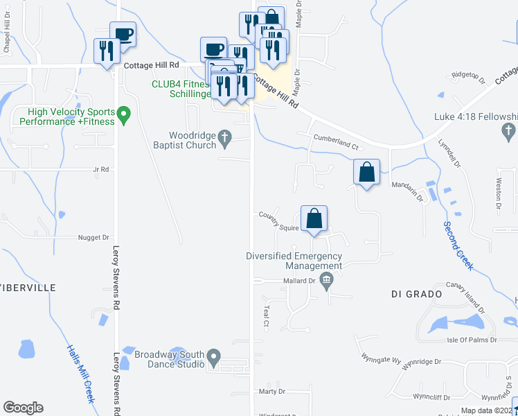 map of restaurants, bars, coffee shops, grocery stores, and more near 2779 Schillinger Road South in Mobile
