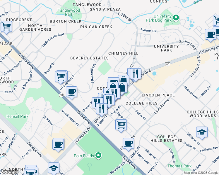 map of restaurants, bars, coffee shops, grocery stores, and more near 509 Cooner Street in College Station
