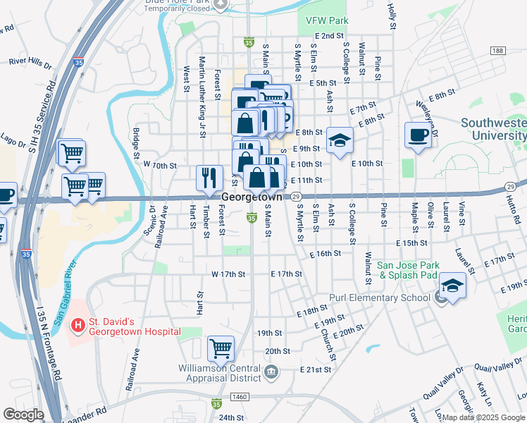 map of restaurants, bars, coffee shops, grocery stores, and more near 1216 South Main Street in Georgetown