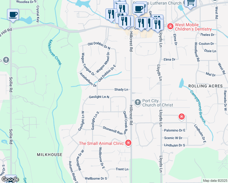 map of restaurants, bars, coffee shops, grocery stores, and more near 6420 Shady Lane in Mobile