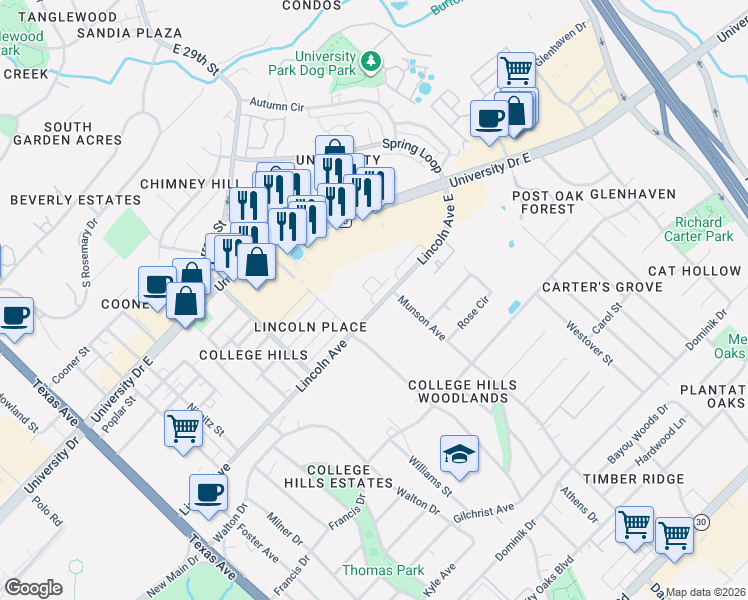 map of restaurants, bars, coffee shops, grocery stores, and more near 900 Monte Carlo in College Station