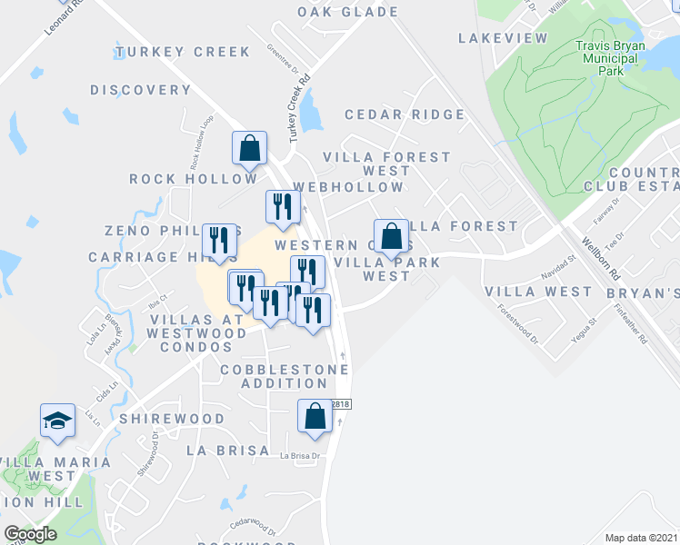 map of restaurants, bars, coffee shops, grocery stores, and more near 1441 Western Oaks Court in Bryan