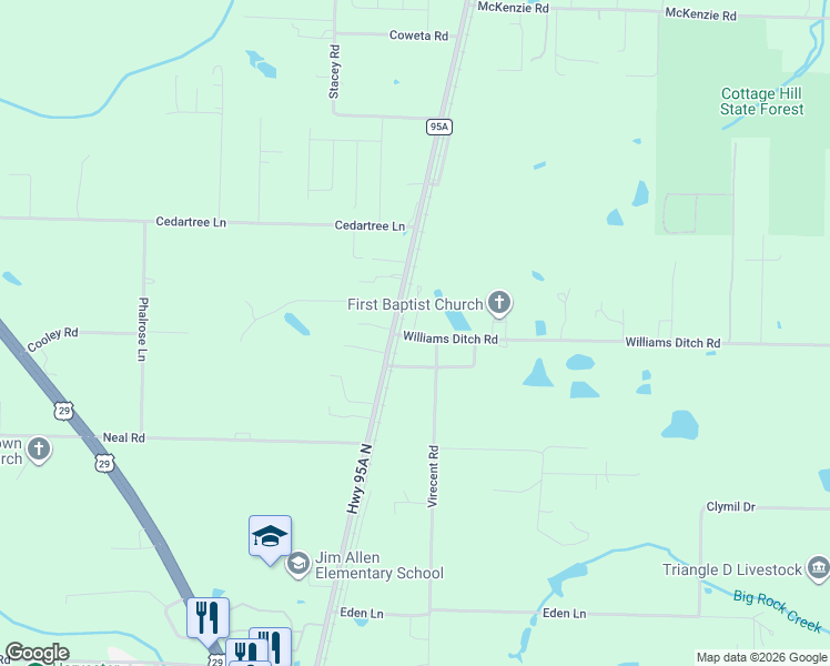 map of restaurants, bars, coffee shops, grocery stores, and more near 12 Williams Ditch Road in Escambia County