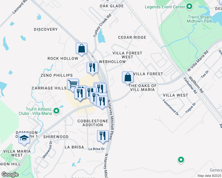 map of restaurants, bars, coffee shops, grocery stores, and more near 1443 Western Oaks Court in Bryan