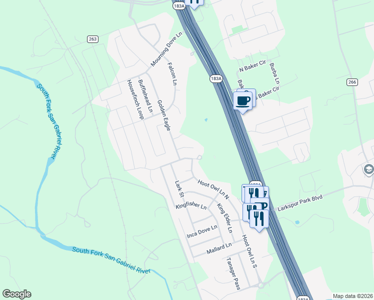 map of restaurants, bars, coffee shops, grocery stores, and more near 116 Swallow Cove in Leander
