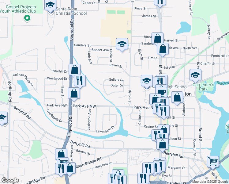 map of restaurants, bars, coffee shops, grocery stores, and more near 6555 Sellers Drive in Milton