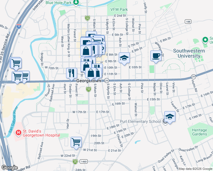 map of restaurants, bars, coffee shops, grocery stores, and more near 206 East University Avenue in Georgetown