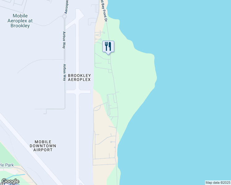 map of restaurants, bars, coffee shops, grocery stores, and more near Old Bay Front Drive in Mobile