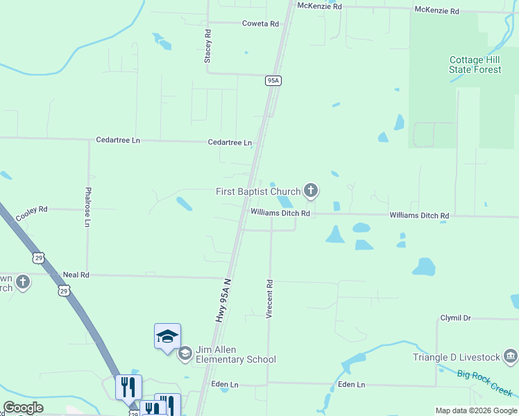 map of restaurants, bars, coffee shops, grocery stores, and more near 12 Williams Ditch Road in Cantonment