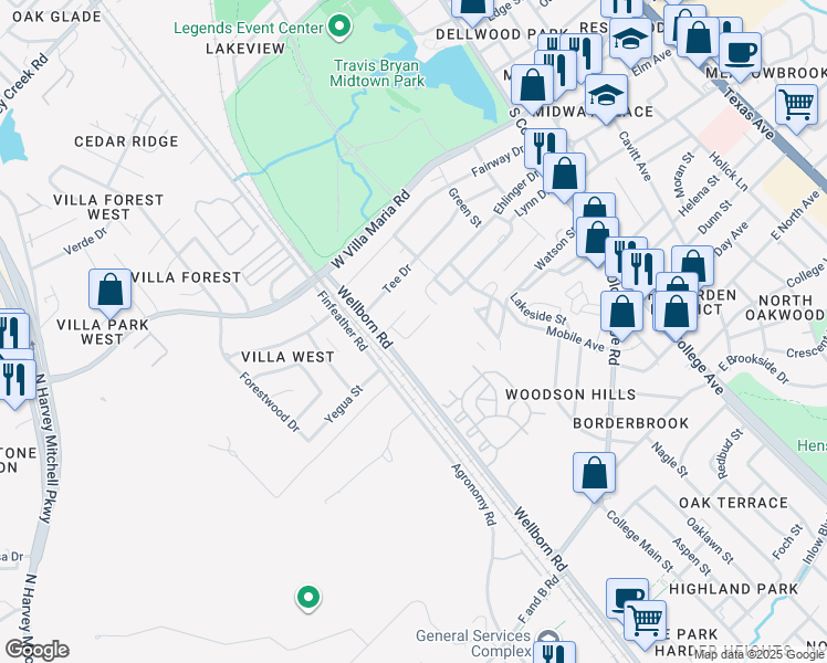 map of restaurants, bars, coffee shops, grocery stores, and more near 3616 South Hampton Court in Bryan