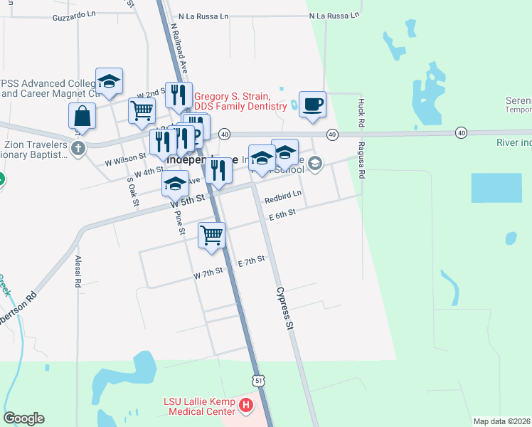 map of restaurants, bars, coffee shops, grocery stores, and more near 142 Redbird Lane in Independence