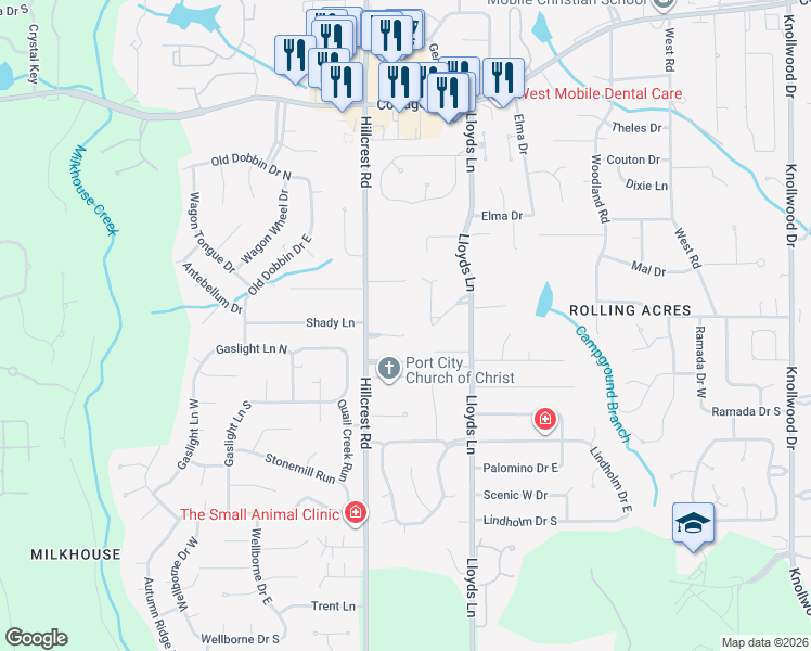 map of restaurants, bars, coffee shops, grocery stores, and more near 2761 Hillcrest Road in Mobile