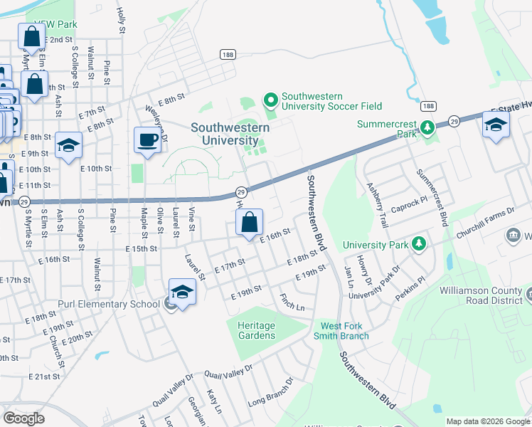 map of restaurants, bars, coffee shops, grocery stores, and more near 1711 McCoy Place in Georgetown