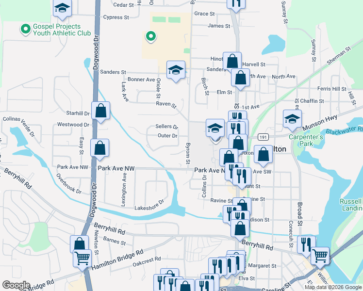map of restaurants, bars, coffee shops, grocery stores, and more near 6592 Sellers Drive in Milton