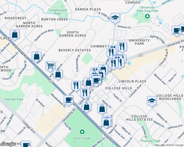 map of restaurants, bars, coffee shops, grocery stores, and more near 514 Cooner Street in College Station