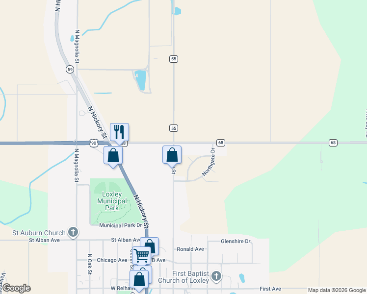 map of restaurants, bars, coffee shops, grocery stores, and more near 3020 County Road 68 in Loxley