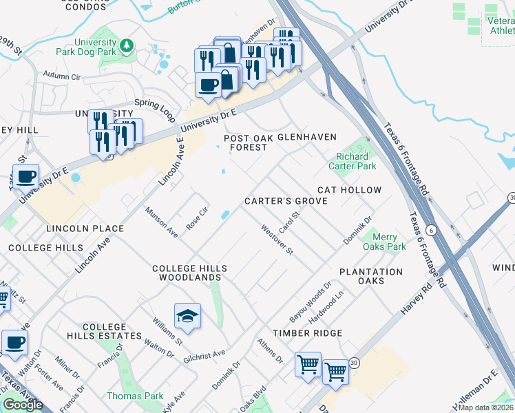 map of restaurants, bars, coffee shops, grocery stores, and more near 1100 Berkeley Street in College Station