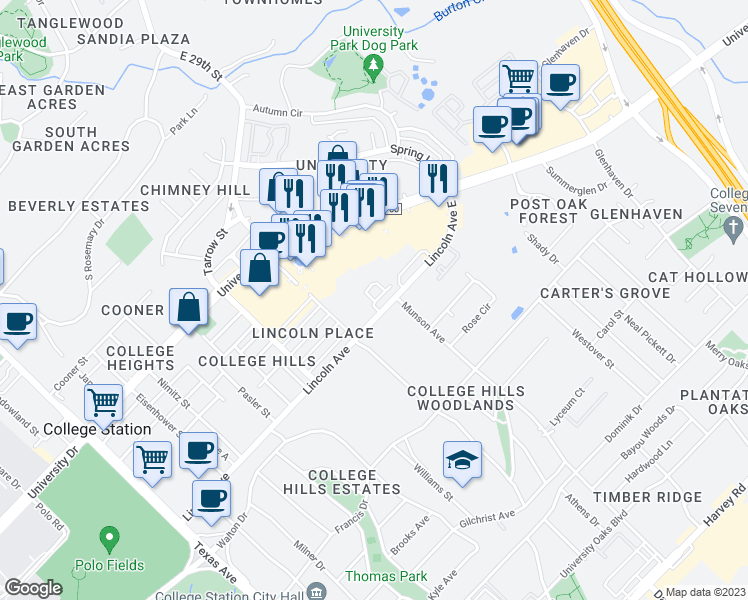 map of restaurants, bars, coffee shops, grocery stores, and more near 906 Monte Carlo in College Station