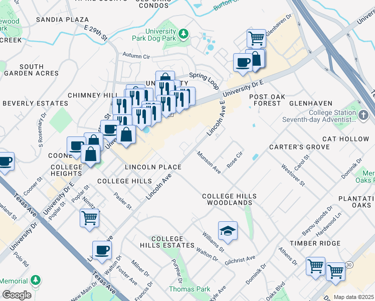 map of restaurants, bars, coffee shops, grocery stores, and more near 900 Monte Carlo in College Station