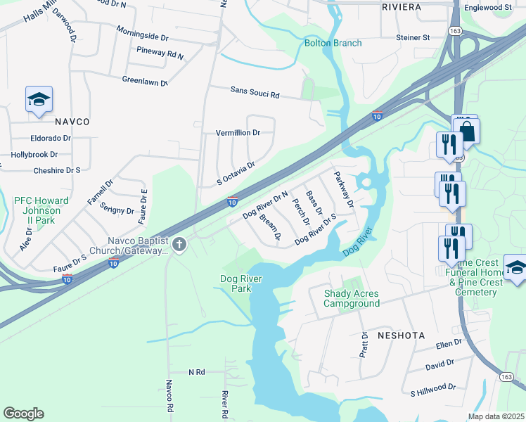 map of restaurants, bars, coffee shops, grocery stores, and more near 2365 Dog River Drive North in Mobile