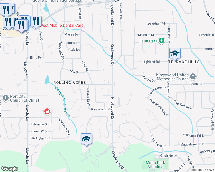 map of restaurants, bars, coffee shops, grocery stores, and more near 5710 Kings Mill Drive East in Mobile