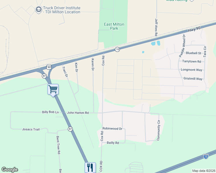 map of restaurants, bars, coffee shops, grocery stores, and more near 5444 Cox Road in Milton