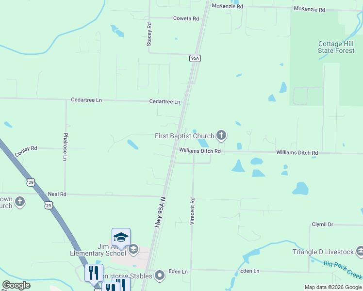 map of restaurants, bars, coffee shops, grocery stores, and more near 10 Williams Ditch Road in Escambia County