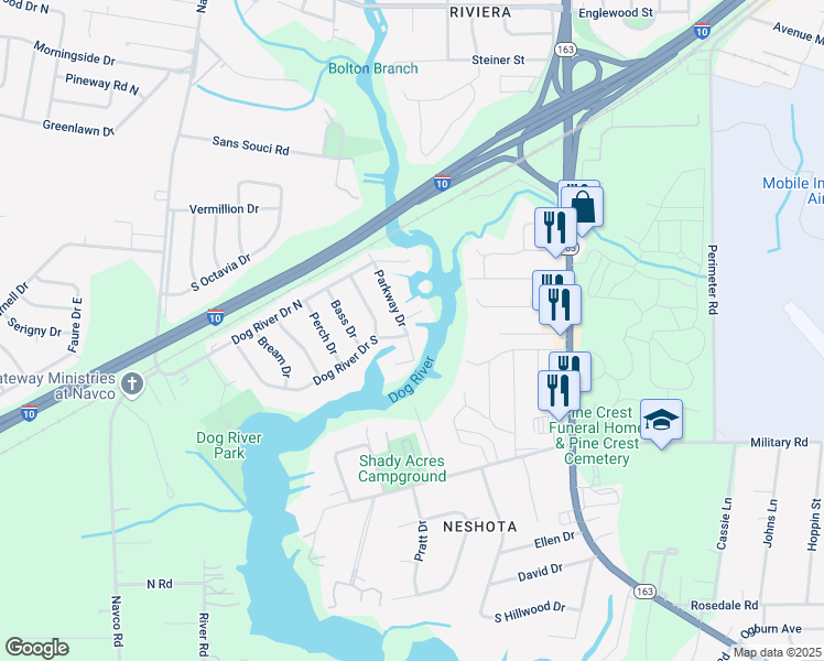 map of restaurants, bars, coffee shops, grocery stores, and more near 1753 Parkway Drive in Mobile