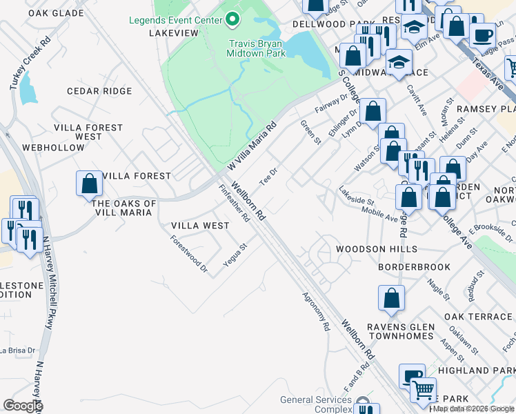 map of restaurants, bars, coffee shops, grocery stores, and more near 414 Montauk Court in Bryan