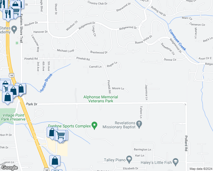 map of restaurants, bars, coffee shops, grocery stores, and more near 7298 Carl Davis Road in Daphne