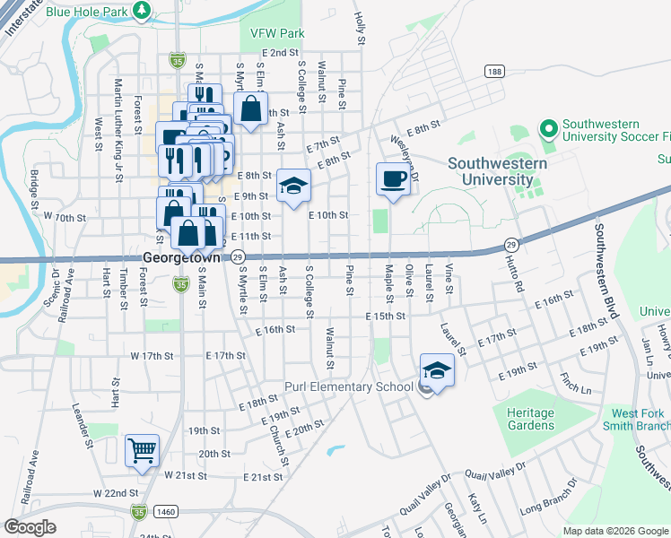 map of restaurants, bars, coffee shops, grocery stores, and more near 1205 Walnut Street in Georgetown