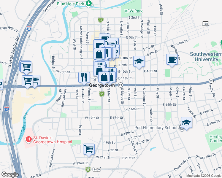 map of restaurants, bars, coffee shops, grocery stores, and more near 1204 South Main Street in Georgetown