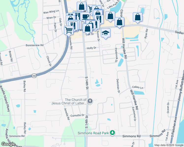 map of restaurants, bars, coffee shops, grocery stores, and more near 96014 Caribbean Court in Fernandina Beach