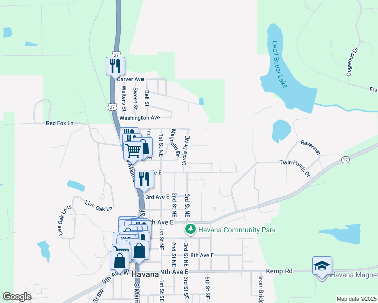 map of restaurants, bars, coffee shops, grocery stores, and more near 905 Circle Drive in Havana