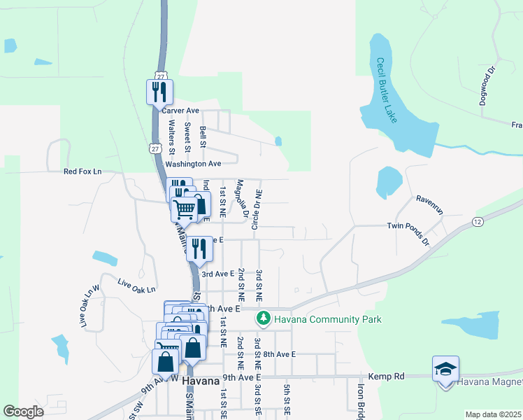 map of restaurants, bars, coffee shops, grocery stores, and more near 905 Circle Drive in Havana