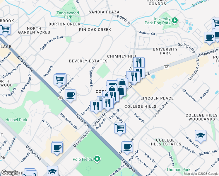 map of restaurants, bars, coffee shops, grocery stores, and more near 514 Cooner Street in College Station