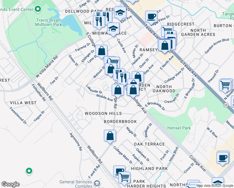 map of restaurants, bars, coffee shops, grocery stores, and more near 3803 Ranger Drive in Bryan