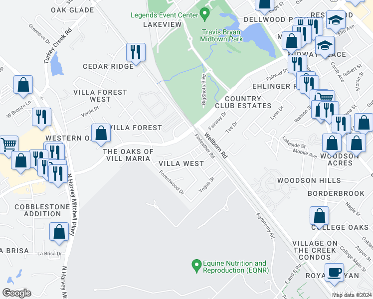 map of restaurants, bars, coffee shops, grocery stores, and more near 802 Navidad Street in Bryan