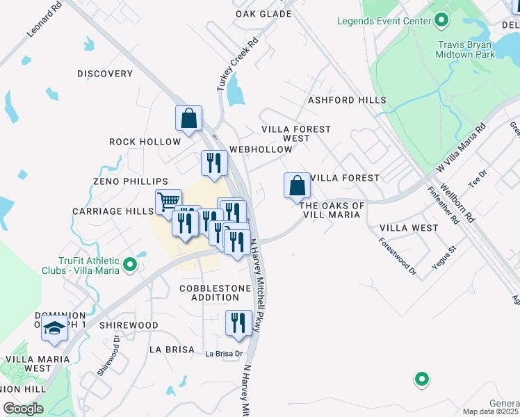 map of restaurants, bars, coffee shops, grocery stores, and more near 1439 Western Oaks Court in Bryan