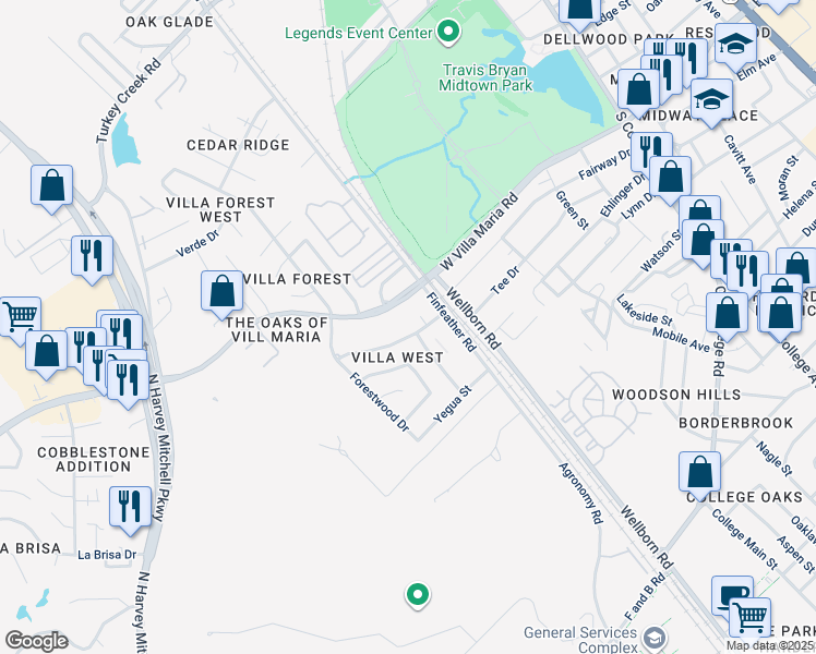 map of restaurants, bars, coffee shops, grocery stores, and more near 802 Navidad Street in Bryan