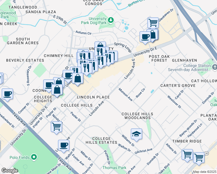 map of restaurants, bars, coffee shops, grocery stores, and more near 900 Monte Carlo in College Station