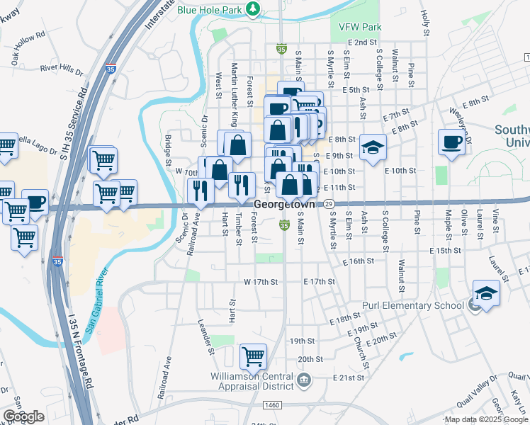 map of restaurants, bars, coffee shops, grocery stores, and more near in Georgetown