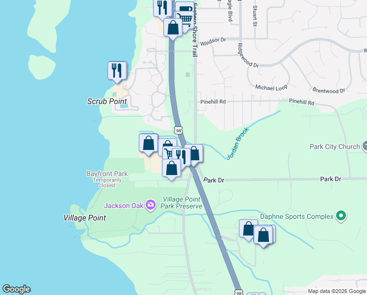 map of restaurants, bars, coffee shops, grocery stores, and more near 27985 U.S. 98 in Daphne