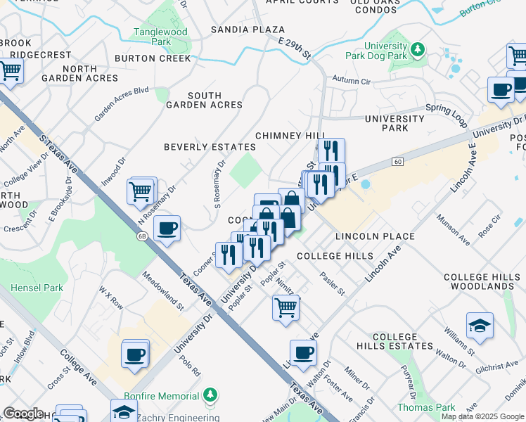 map of restaurants, bars, coffee shops, grocery stores, and more near 514 Cooner Street in College Station