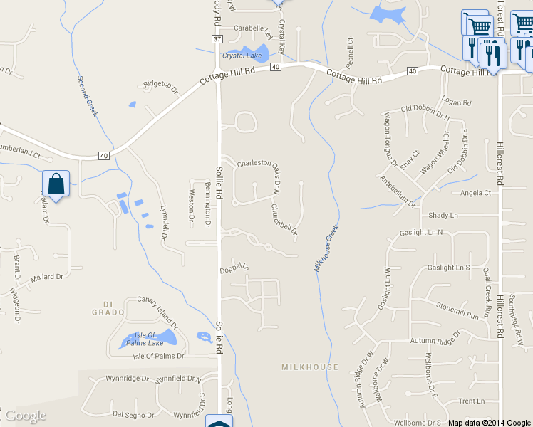 map of restaurants, bars, coffee shops, grocery stores, and more near 2704 Churchbell Drive in Mobile