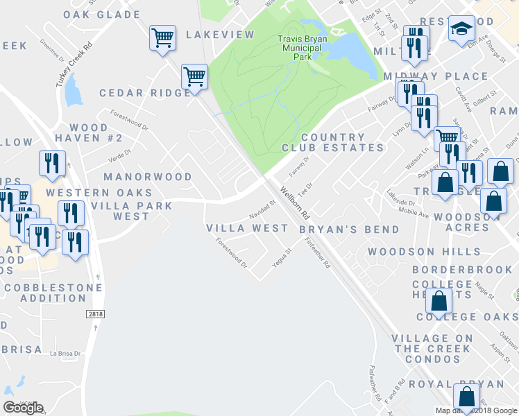 map of restaurants, bars, coffee shops, grocery stores, and more near 708 Navidad Street in Bryan