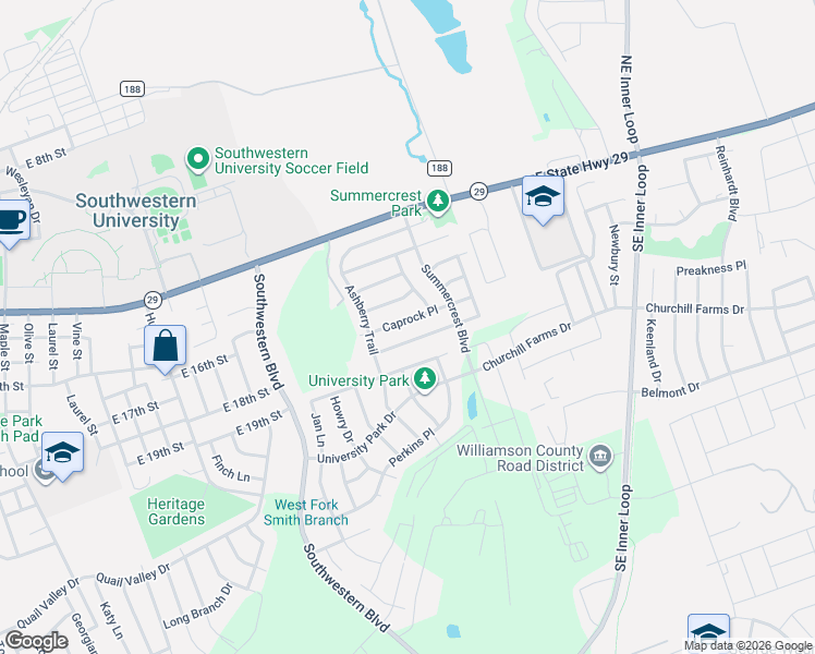 map of restaurants, bars, coffee shops, grocery stores, and more near 2352 Caprock Place in Georgetown