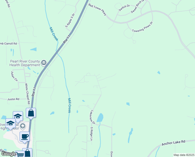 map of restaurants, bars, coffee shops, grocery stores, and more near 23 North Ridge Lane in Carriere