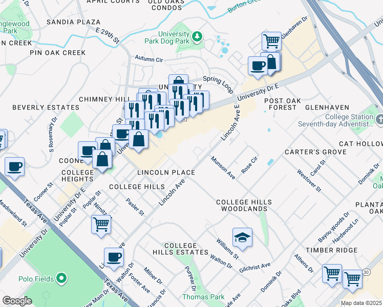 map of restaurants, bars, coffee shops, grocery stores, and more near 917 Monte Carlo in College Station