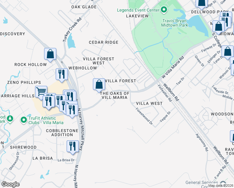 map of restaurants, bars, coffee shops, grocery stores, and more near 1015-1099 West Villa Maria Road in Bryan